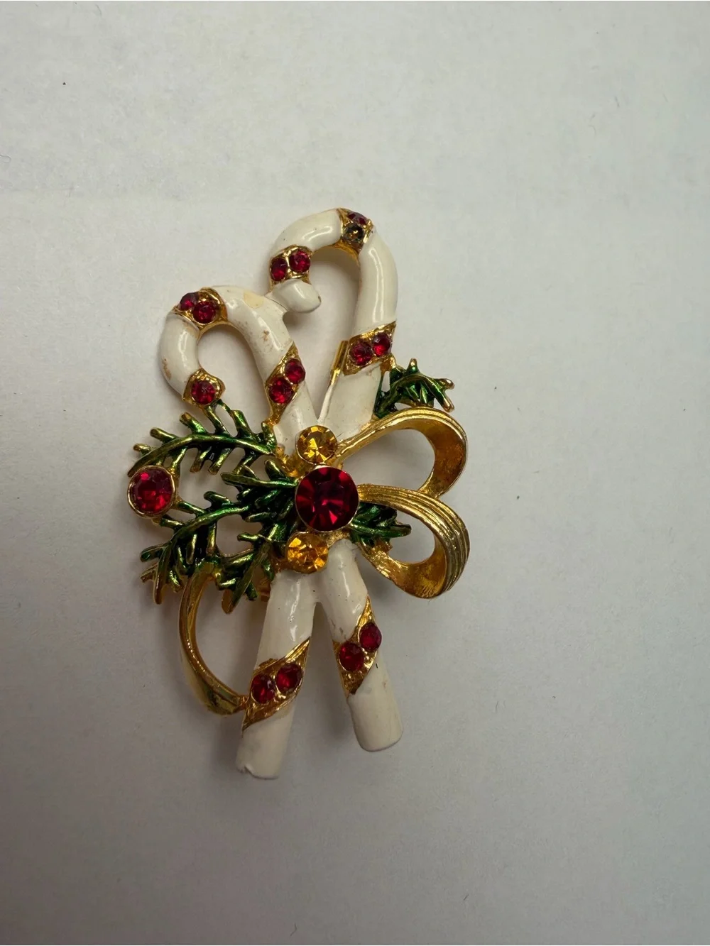 Vintage Festive Candy Cane Brooch with Red Crystals and Gold Accents